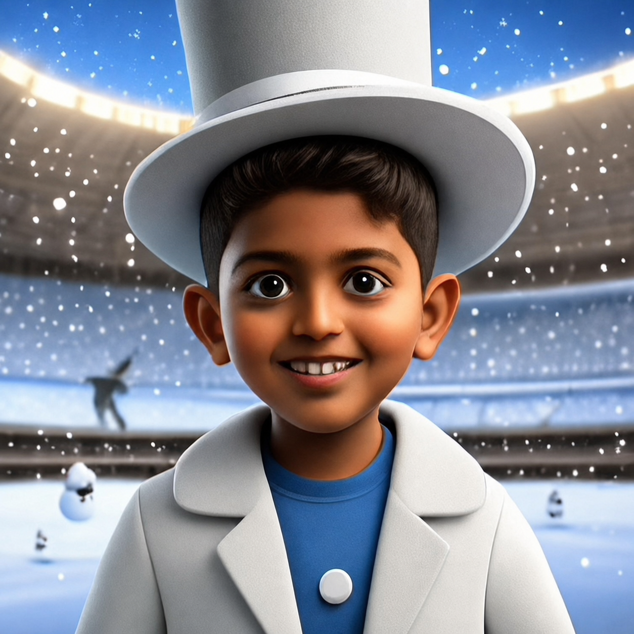 Johnny wearing a white top hat in a snowy stadium